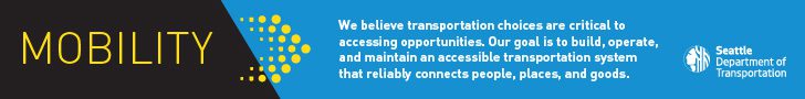Graphic highlighting mobility, which is one of SDOT's core values and goals. The graphic has the word "Mobility" in large yellow letters, with a yellow heart and text describing what mobility means to SDOT as a value and goal.
