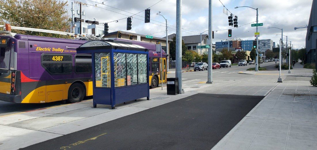 Improvements to a transit stop in Ballard as part of the Ballard Multimodal Corridor Project. 