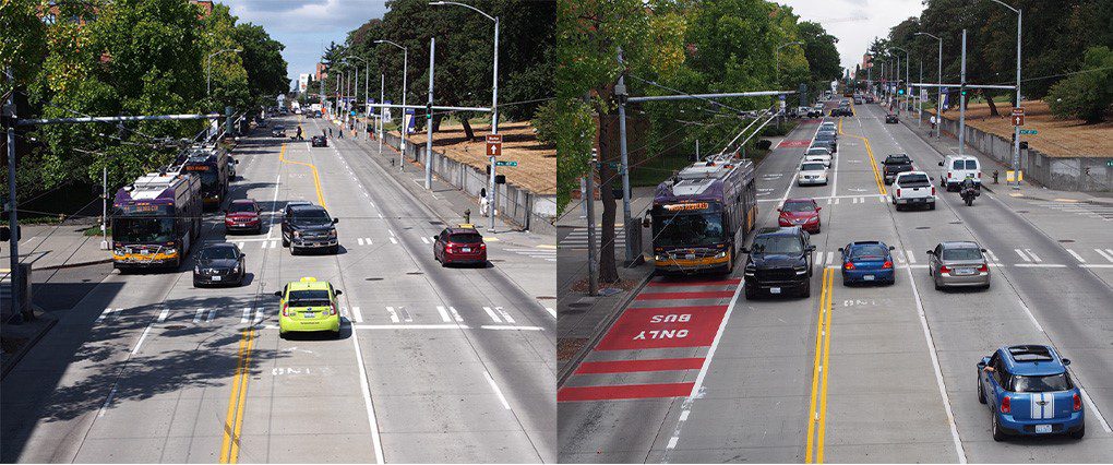 Before (left) and after (right) installation of bus-only lanes as part of our work to improve Route 44. Photo Credit: SDOT. 