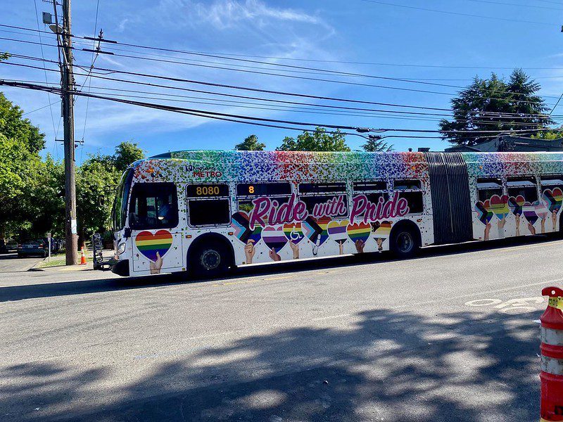 A King County Metro bus celebrating Pride Month 2021. Photo Credit: SDOT. 