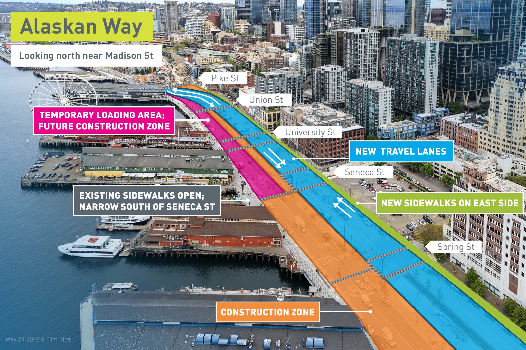 This graphic shows what Alaskan Way, looking northeast near Madison St, will look like following the traffic shift. It includes, from left to right (or west to east), there is the existing sidewalk, construction work zone south of Seneca St and temporary loading area north of Seneca St, new southbound travel lanes, new northbound travel lanes and new sidewalks on the east side. The graphic uses different colors to depict each area along Alaskan Way.