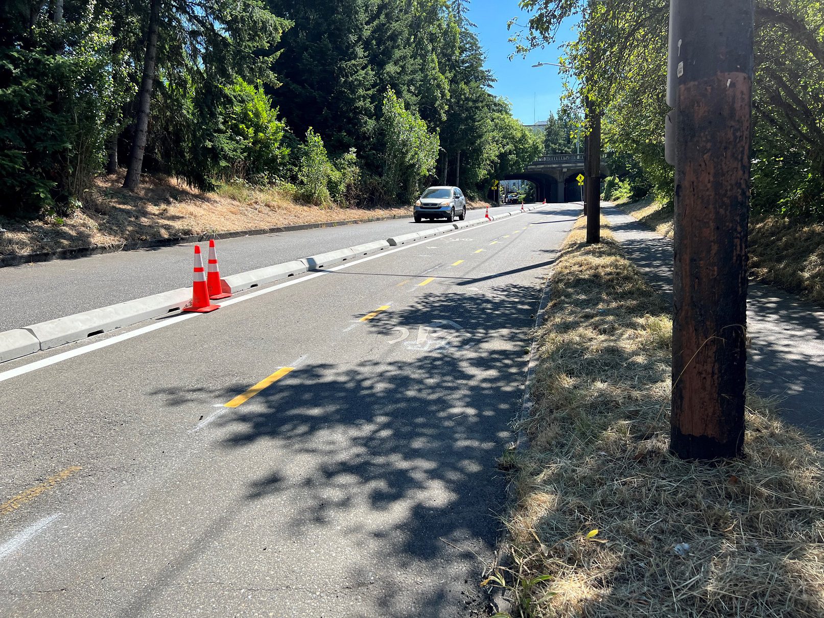 The protected bike lane on NE 40th St near the University Bridge with its new concrete parking-stop separators. Two orange cones are in the left side of the photo, with a car traveling in the background.