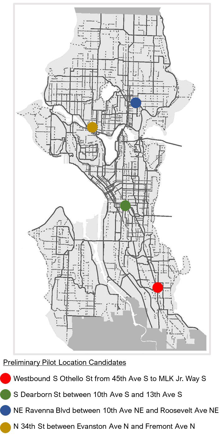 Map of preliminary pilot program location candidates in Seattle. The map shows four locations with red, green, blue, and yellow dots.