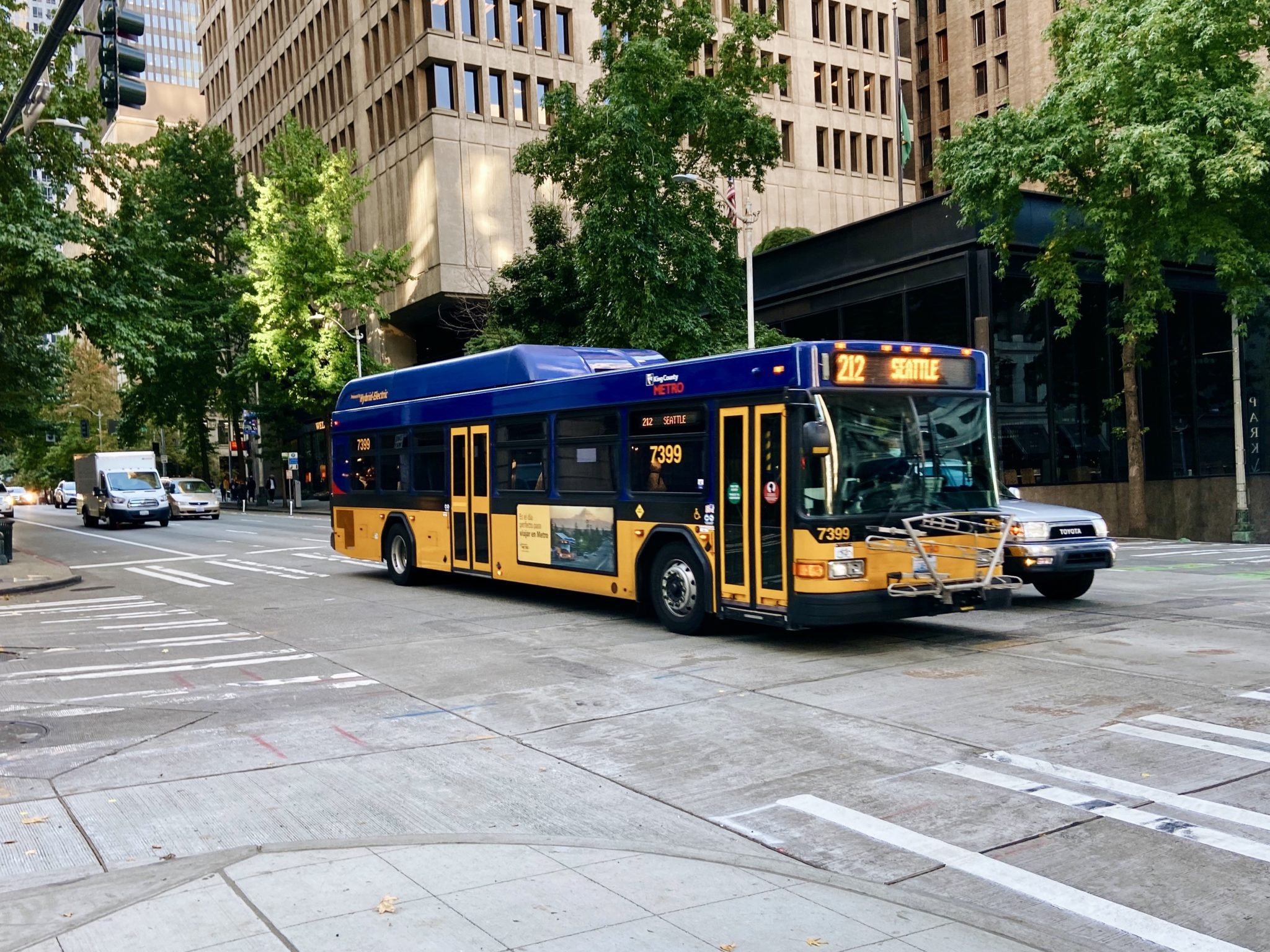 A King County Metro bus in Downtown Seattle.