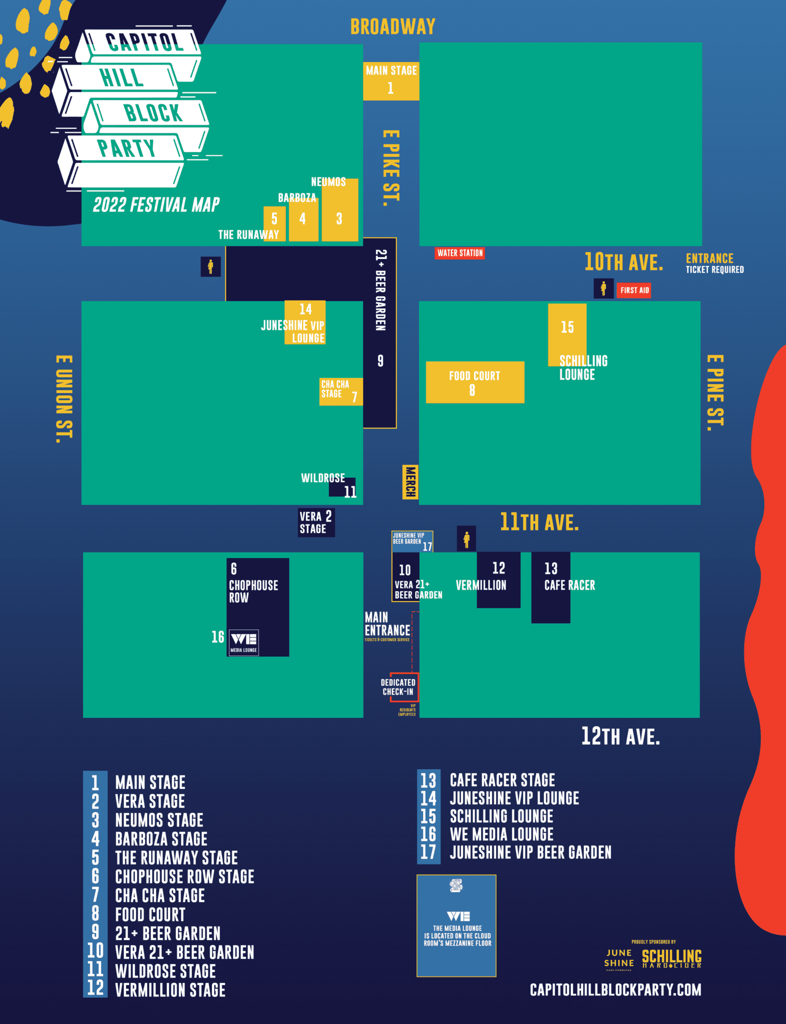 A map of the Capitol Hill Block Party streets and festival layout.