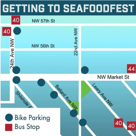 Map of bike parking and bus stops around the SeafoodFest festival area.