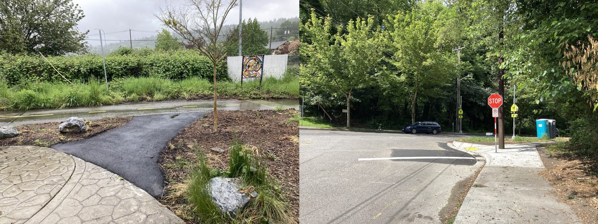 Left: Duwamish Trail pavement repair and trail connection improvements. Right: Dumar Way SW and SW Orchard St rectangular rapid flashing beacon. Green trees and vegetation are present in the background of each photo.