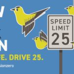 Graphic highlighting a public education campaign encouraging drivers to slow down. The graphic shows several birds with a 25 MPH speed limit sign, with text saying "slow the flock down."