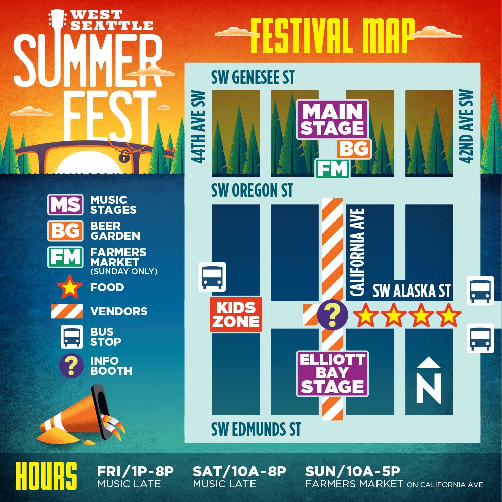 Map of the West Seattle Summer Fest area, including stage and vendor locations.