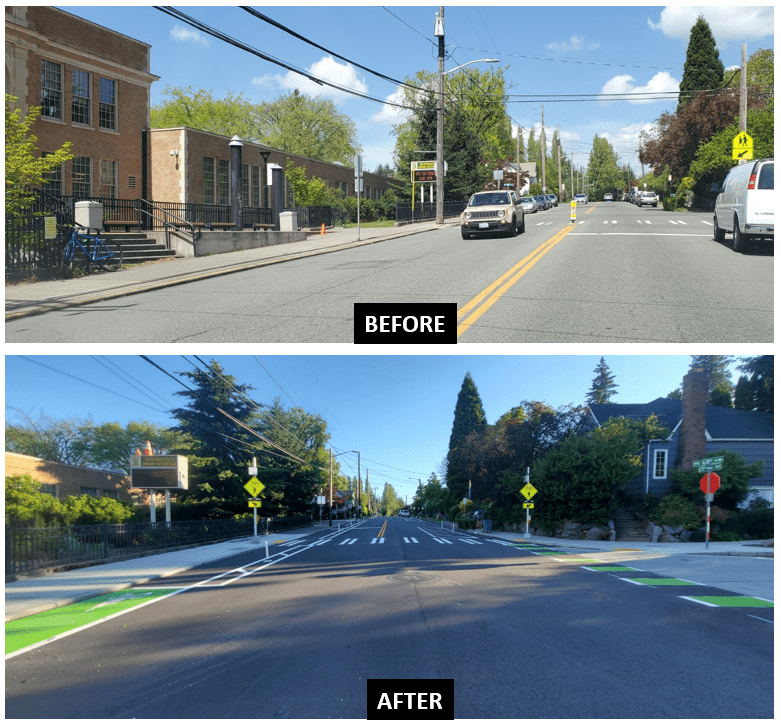 15th Ave NE at Roosevelt High School before and after construction of a neighborhood greenway crossing and flashing beacons. Photo: SDOT 