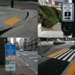 Clockwise from top left: a curb ramp; an Accessible Pedestrian Signal; tactile features at a bike lane crossing; a disabled parking sign. These are some measures we install to improve accessibility in the public right-of-way.