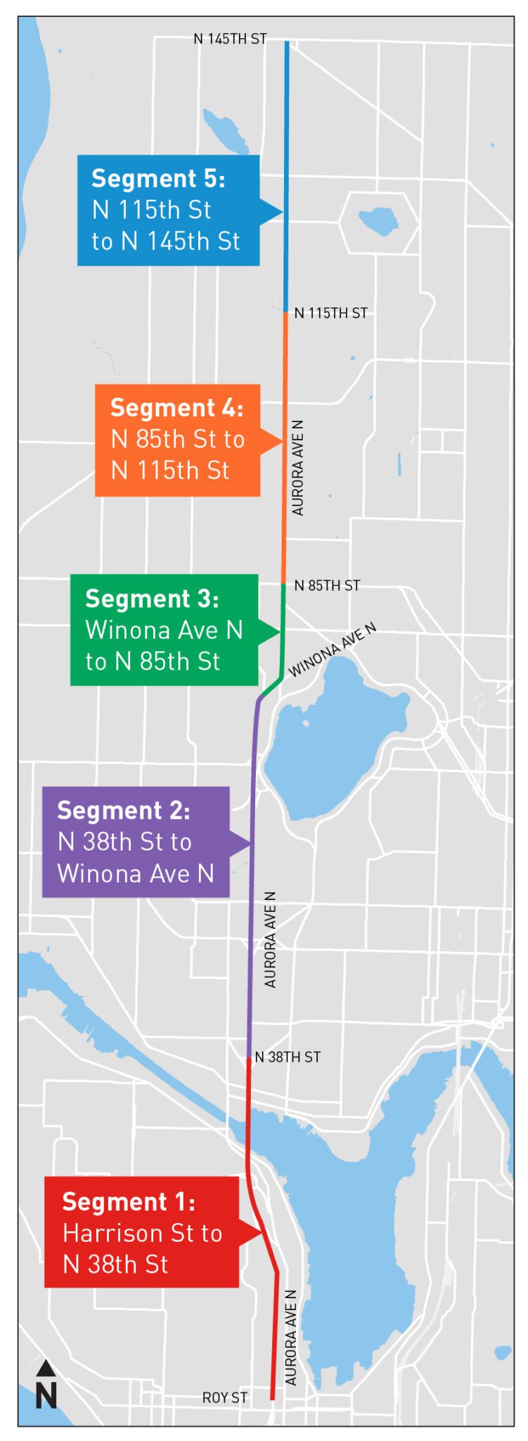 Map graphic showing the 5 main segments being studied by the Aurora Ave project. Each section is shown on the map along Aurora Ave.