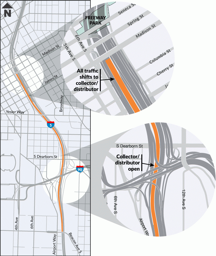 The left lanes of southbound I-5 will be closed from 7:30 PM Friday, August 26, to 5 AM Monday, August 29. The express lanes will remain northbound all weekend.