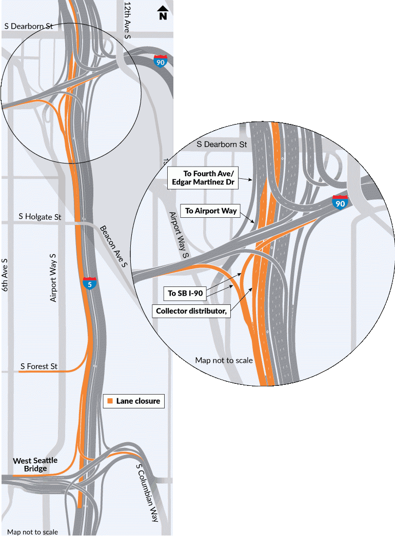 From 7:30 p.m. Friday, August 19, to 5 a.m. Monday, August 22, the ramp from the southbound collector/distributor to I-5 will be closed. Exit ramps in the collector/distributor to I-90, Dearborn Street, Fourth Avenue South and Airport Way will remain open. The ramps to Forest Street, Spokane Street and Columbian Way will be closed.
