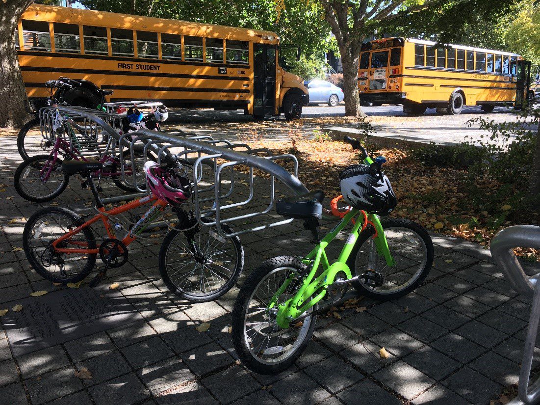 A bike rack with 4 bikes locked on in the shade with two yellow school buses behind the rack.