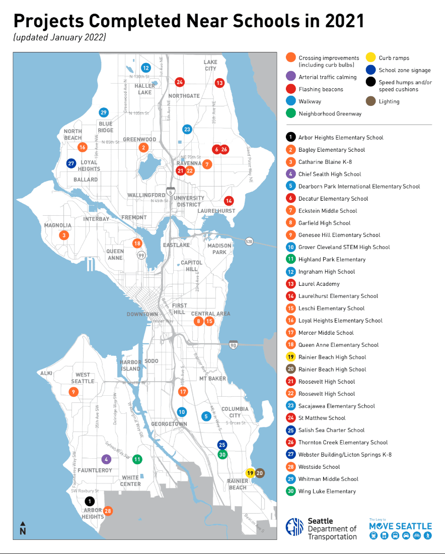 Map of Seattle with highlighted locations of Safe Routes to School projects completed in 2021, updated in January 2022.