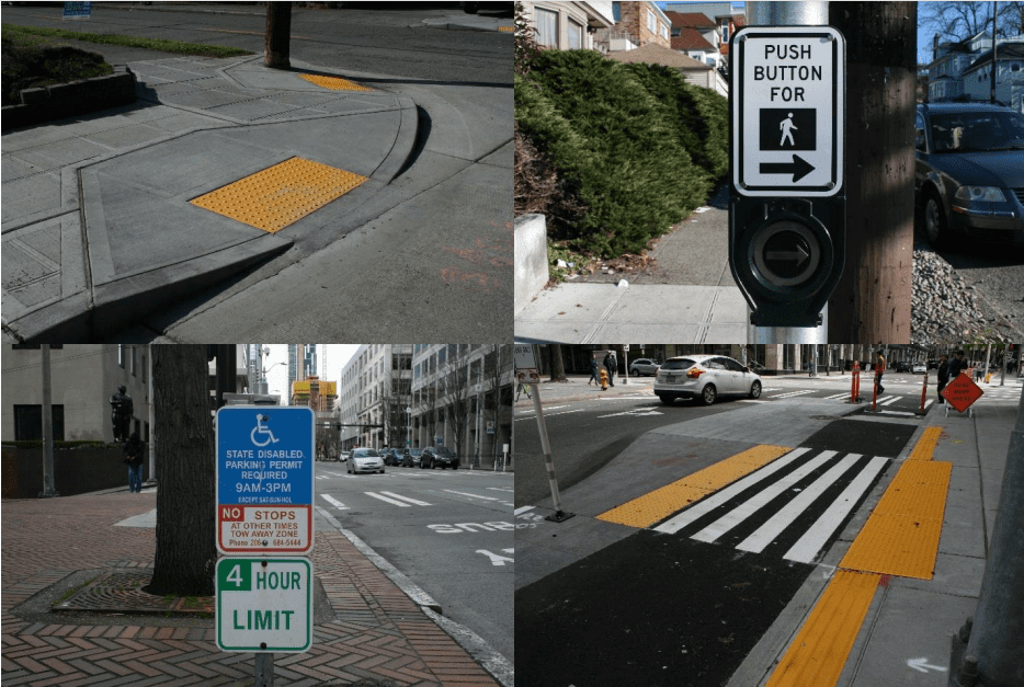 Clockwise from top left: a curb ramp; an Accessible Pedestrian Signal; tactile features at a bike lane crossing; a disabled parking sign. These are some measures we install to improve accessibility in the public right-of-way. 