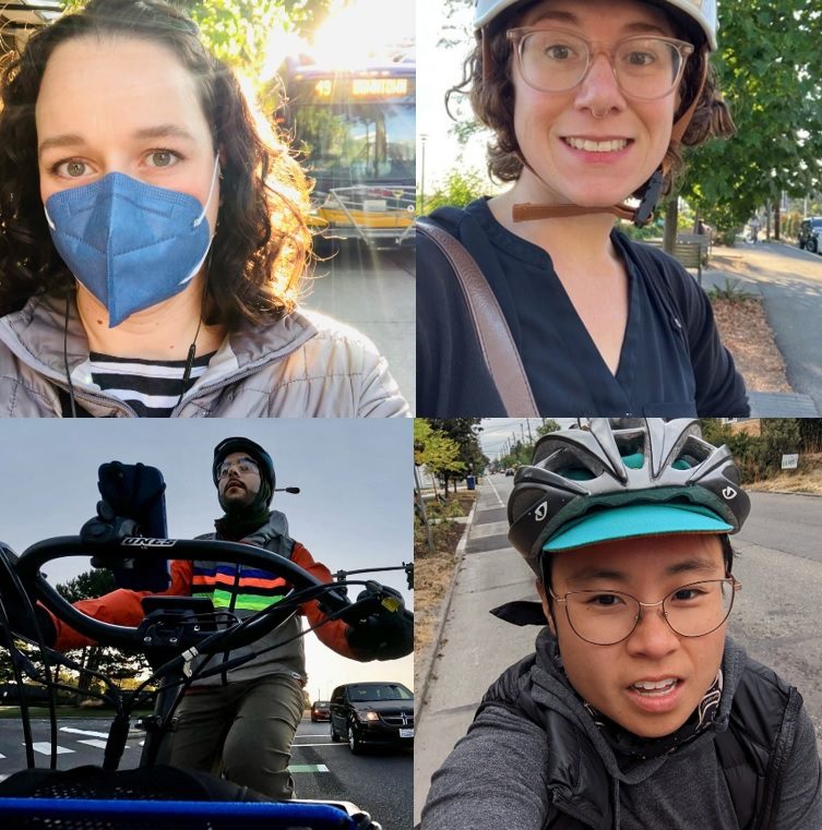 Members of Team SDOT shared their selfies as they took part in the 2022 Week Without Driving challenge. Four people smile at the camera while traveling on foot and on bike.