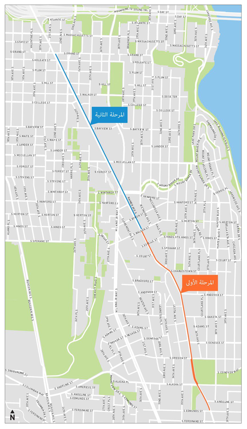 خريطة للممرات الجديدة للحافلات على طول Rainier Ave S، في مرحلتين. تم تشييد المرحلة الأولى في وقت سابق من هذا الصيف. الصورة: إدارة النقل في سياتل (SDOT)
