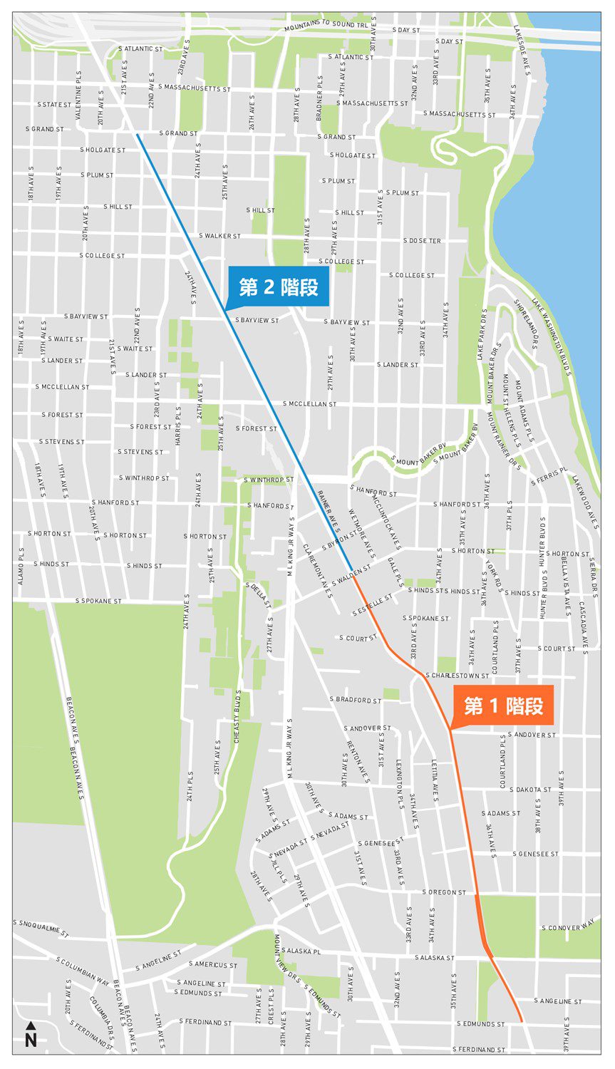 Rainier Ave S 沿線的新公車專用道地圖，分兩個階段。第一階段於今年夏天初期完成。圖：西雅圖市交通局（Seattle Department of Transportation, SDOT）