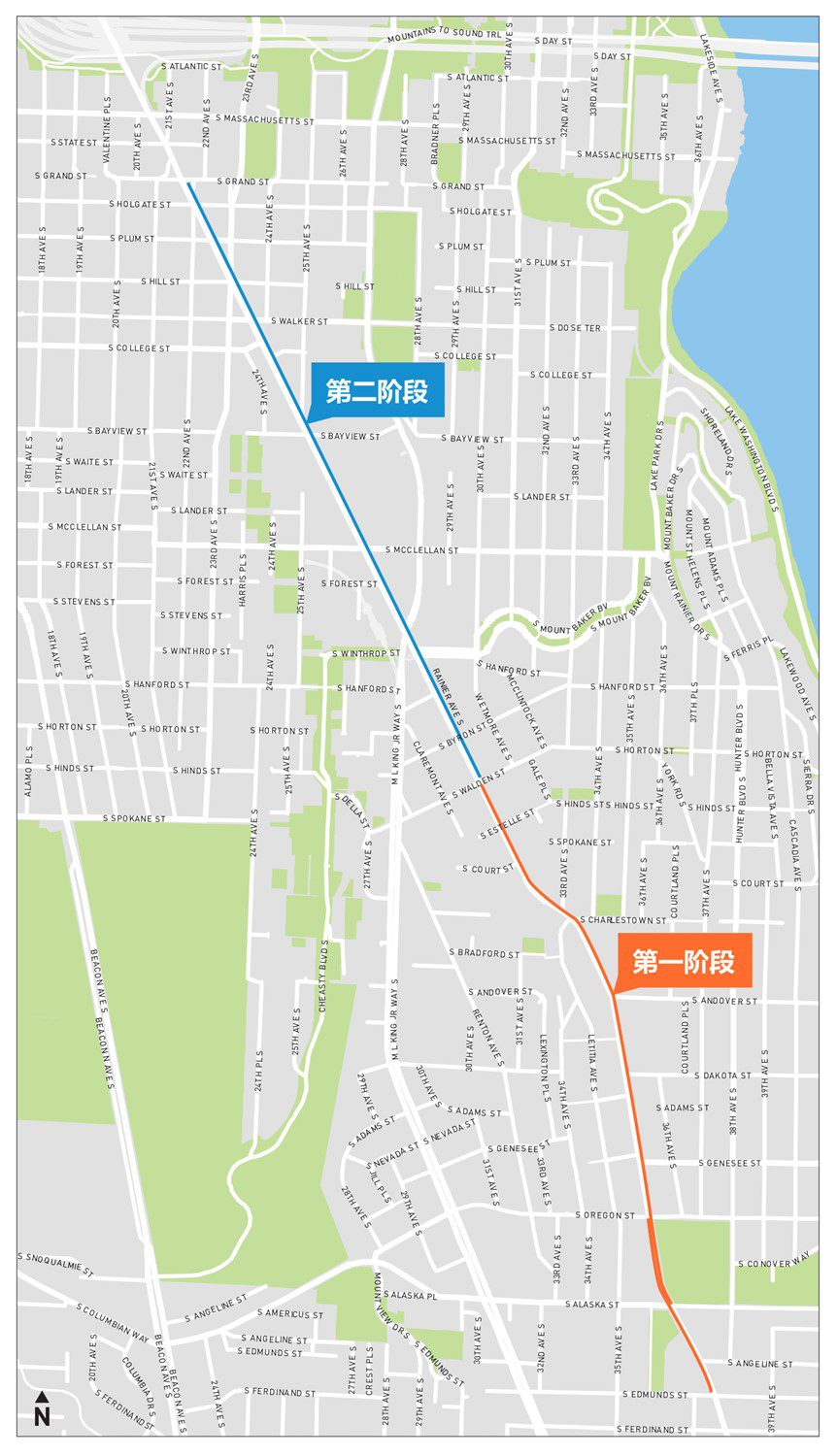 Rainier Ave S 沿线的新公交专用道地图，分两个阶段。第一阶段于今年夏天初期完成。图：西雅图市交通局 （Seattle Department of Transportation, SDOT）