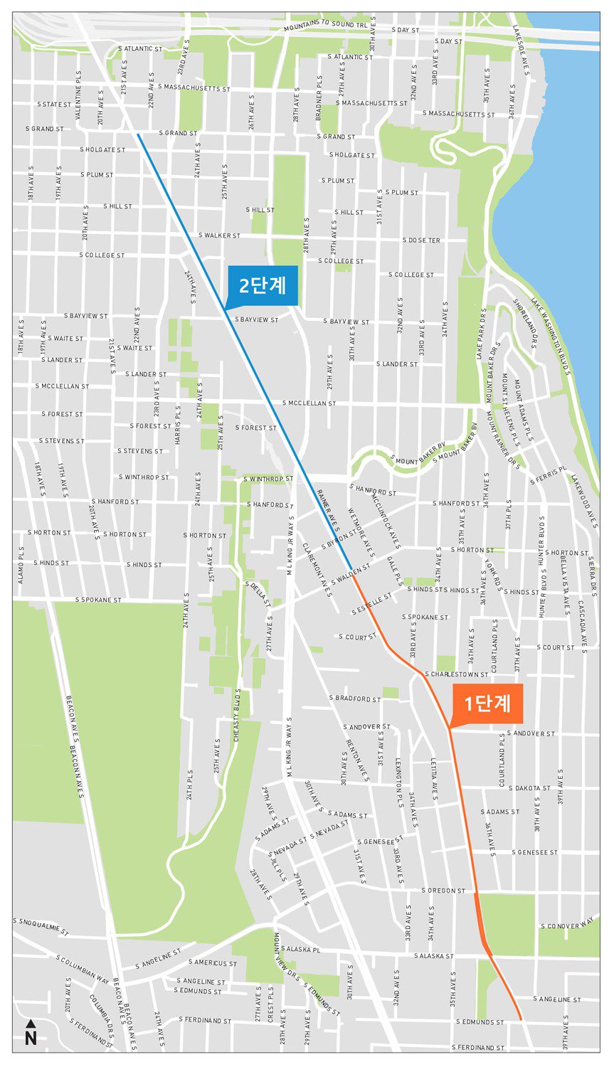 Rainier Ave S를 따라 두 단계로 시행되는 신규 버스 차선 지도. 첫 번째 단계는 올 여름 초에 시공되었습니다. 그래픽: 교통국(SDOT)