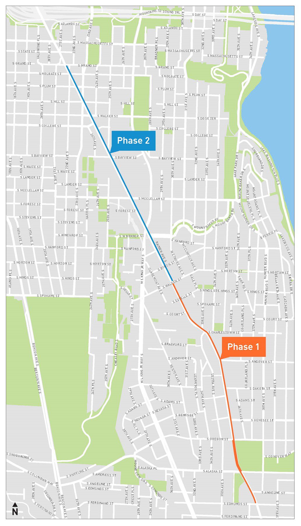Map of new bus lanes along Rainier Ave S, in two phases. The first phase was installed earlier this summer. The first phase is shown in an orange line, while the second phase is shown in a blue line.