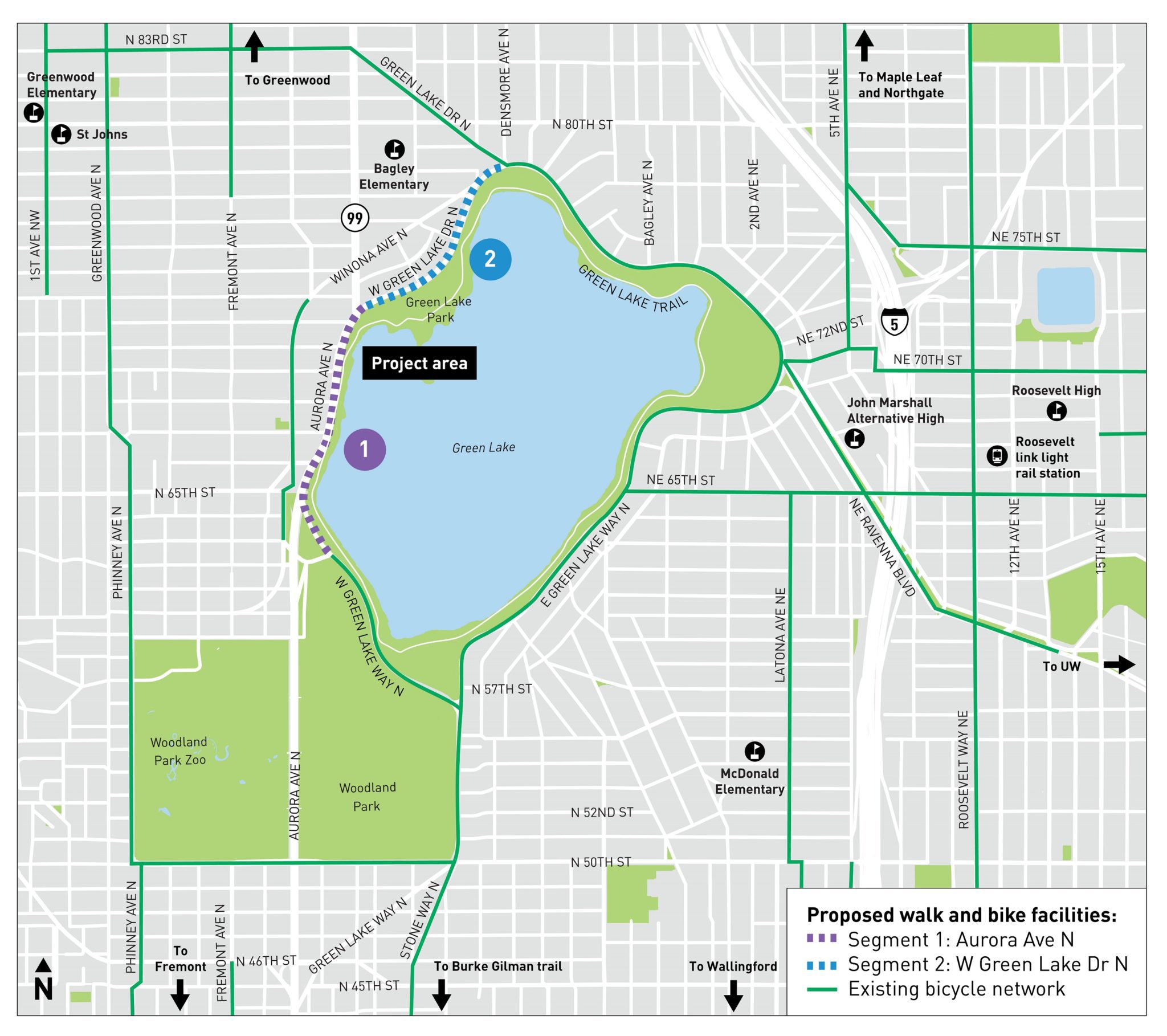 Map of Green Lake Park in north Seattle. The project area for the Green Lake Outer Loop project is shown in dotted purple and blue lines on the northwest side of the lake. Other bike network routes are shown in solid green lines.