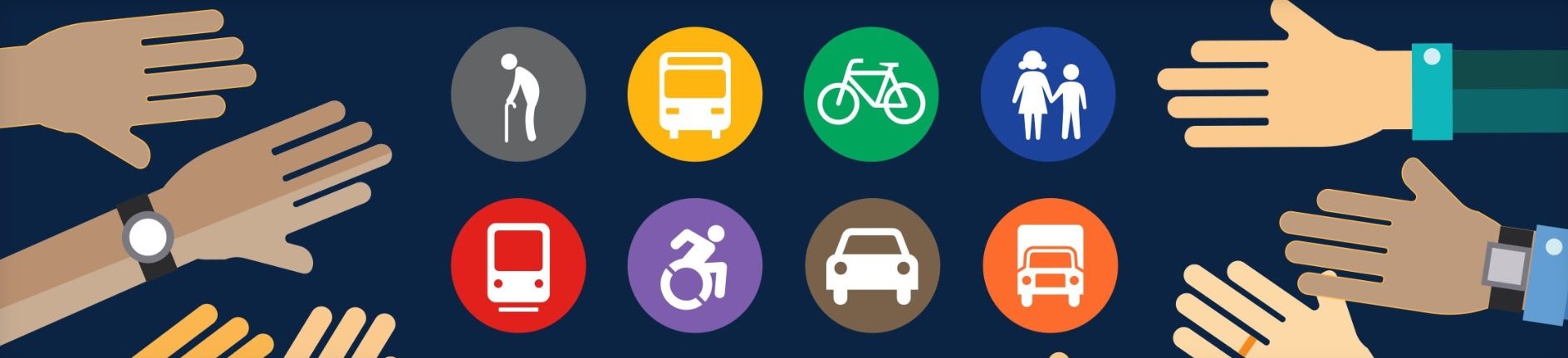 A graphic highlighting equity, including several hands pointed to the middle, and icons showing different modes of travel by people of all ages and abilities.