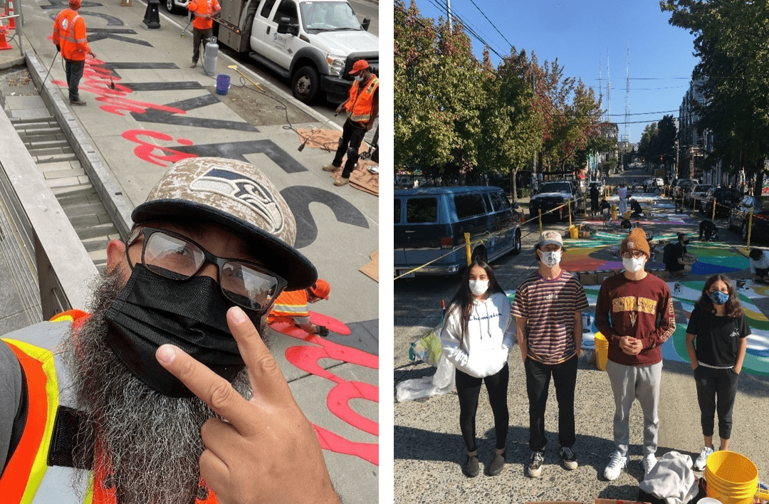 Left: Dahvee Enciso and crew installing the BLACK LIVES MATTER (Enough is Enough) mural at Seattle City Hall. Right: 4 of Dahvee Enciso’s 7 children visiting their dad at work at the Black Lives Matter mural in Capitol Hill.
