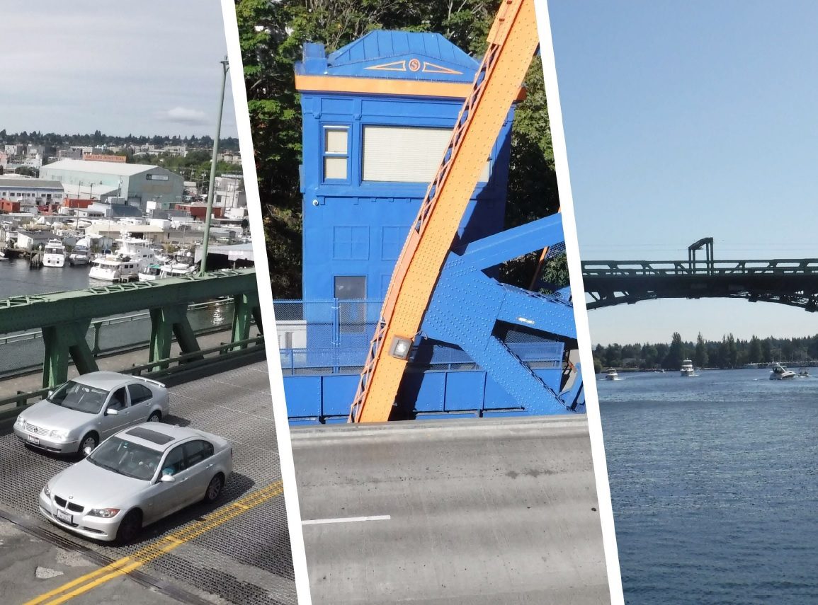 Photos of the Ballard Bridge (left), Fremont Bridge (center) and University Bridge (right). The left photo has two cars and several boats in the background. The middle photo has the blue and orange paint of the Fremont Bridge. The right photo has the bridge with several boats passing nearby and blue water.
