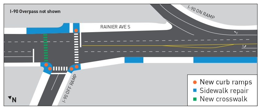 A design map of the street improvements at the intersection of Rainier Ave S and the I-90 off ramp. The design includes sidewalk repair, a new crosswalk, and new curb ramps. 