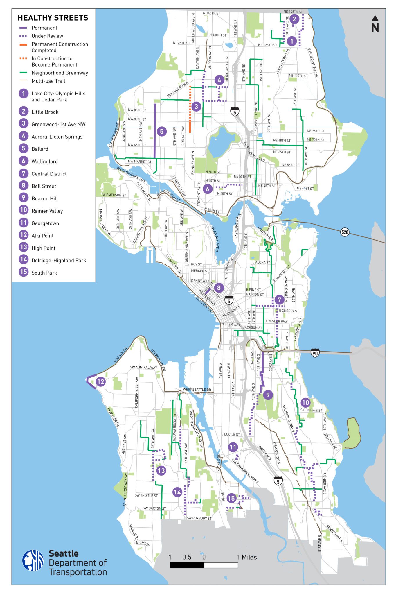 Map of planned permanent Healthy Streets moving forward. Permanent ones are shown in solid purple, under review in dashed purple, permanent construction completed in orange, in construction to become permanent in dashed orange, neighborhood greenway in green, and multi-use trail in brown. The map shows 15 locations in purple dots, throughout north, central, and south Seattle.