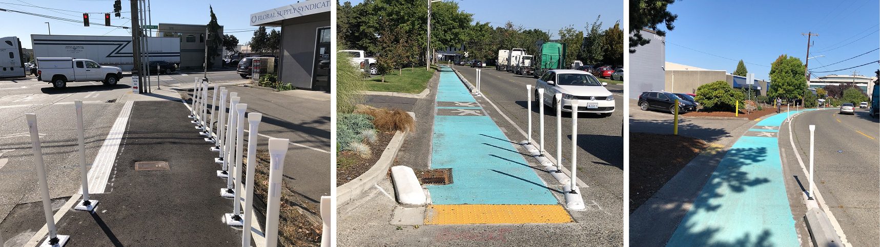 New 6th Ave S walkway. The walkway is shown in three photos. The walkway is painted light green-blue in the middle and right photos, and it is black in the left photo. White painted posts are visible in each photo, as well as parked and moving vehicles.
