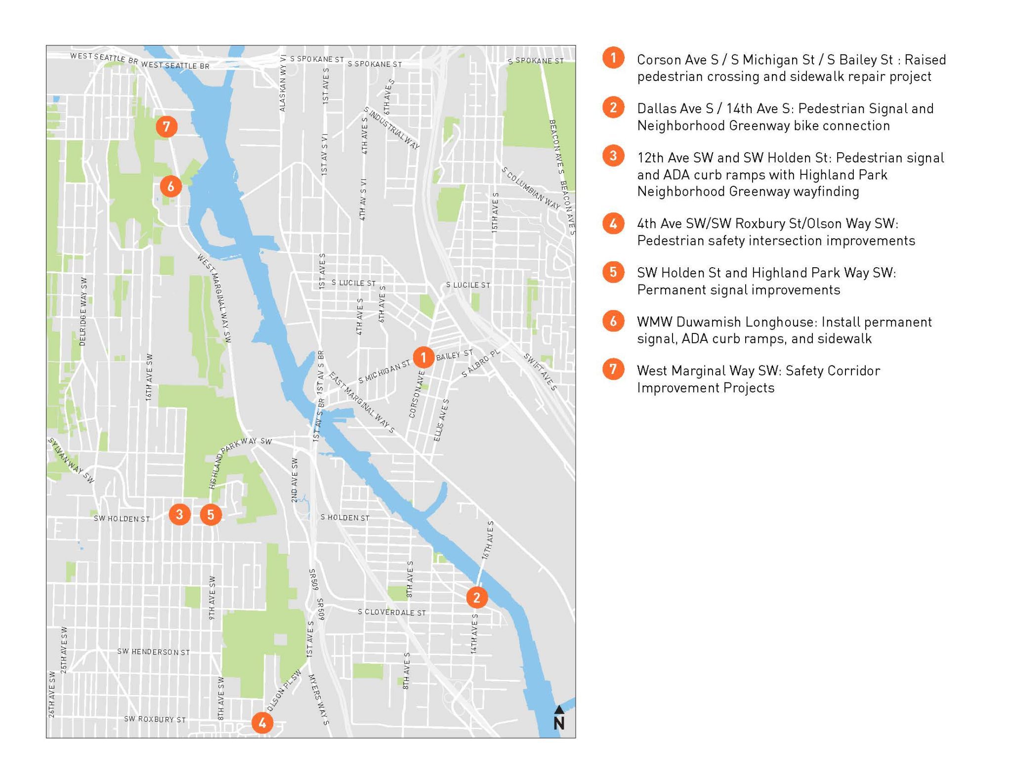 Map showing the location of seven remaining Reconnect West Seattle projects. The projects are shown with an orange labeled dot, at locations around West Seattle and the Duwamish Valley.
