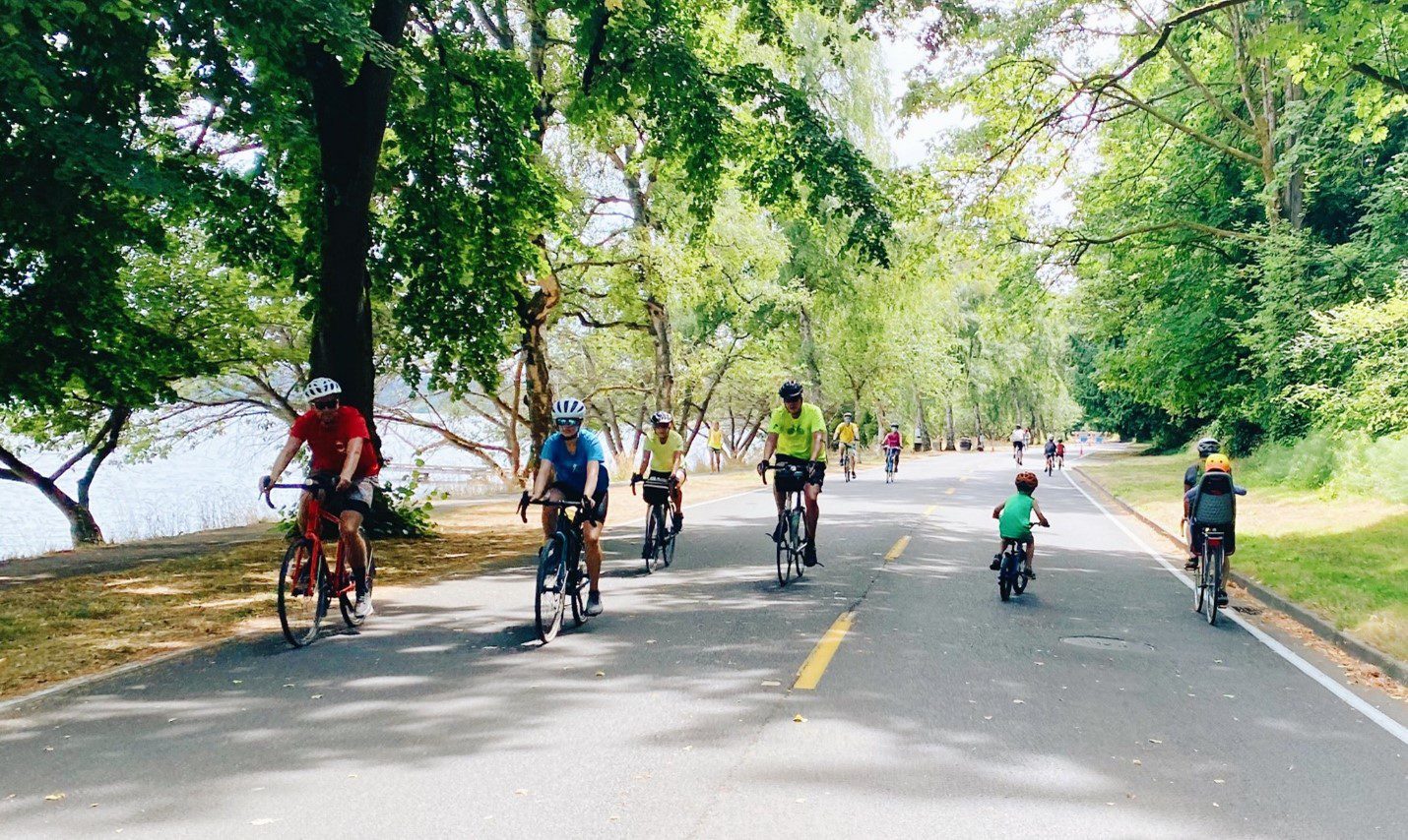 People biking along Lake Washington Boulevard on a bicycle weekend in 2020. Several people bike in both directions, with large green trees in the background.