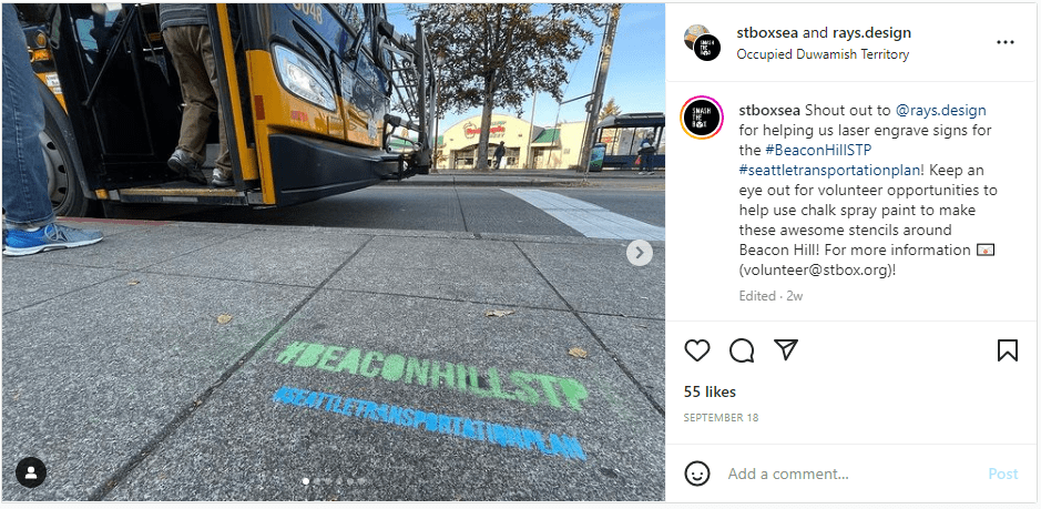 Instagram post showing the #BeaconHillSTP and #SeattleTransportationPlan hashtag written in chalk on a sidewalk in Seattle.