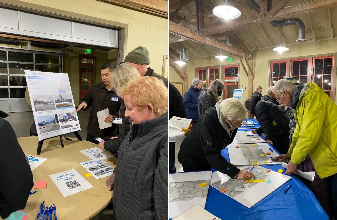 Community members talk with our staff and make comments on the Alki Point Healthy Street design. Several people stand around design plans and display boards at the recent public meeting.