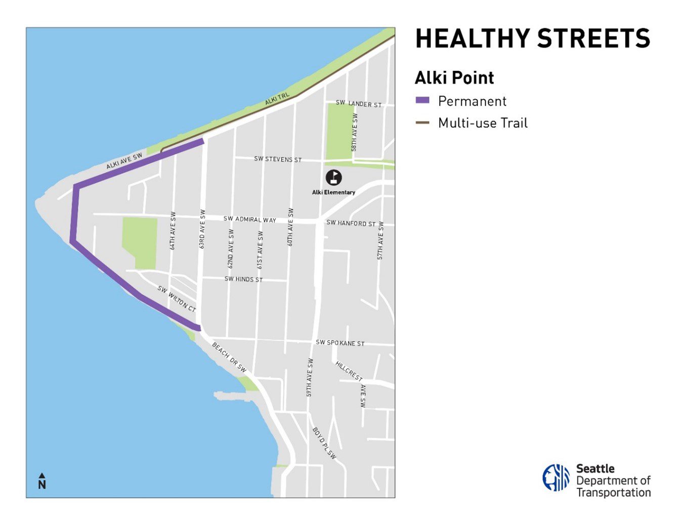 Map of the Alki Point Healthy Street. The location is shown with a purple line, along Alki Ave SW and Beach Dr SW.
