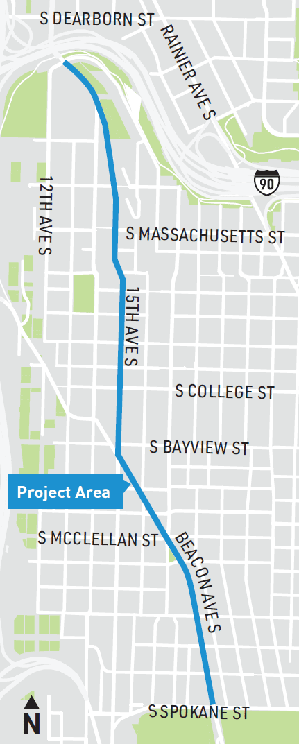 Map of the north segment of the project, extending from the Dr. Jose Rizal Bridge to S Spokane St in Beacon Hill. The project area is shown with a blue line, with nearby parks shown in green. A north arrow points north.