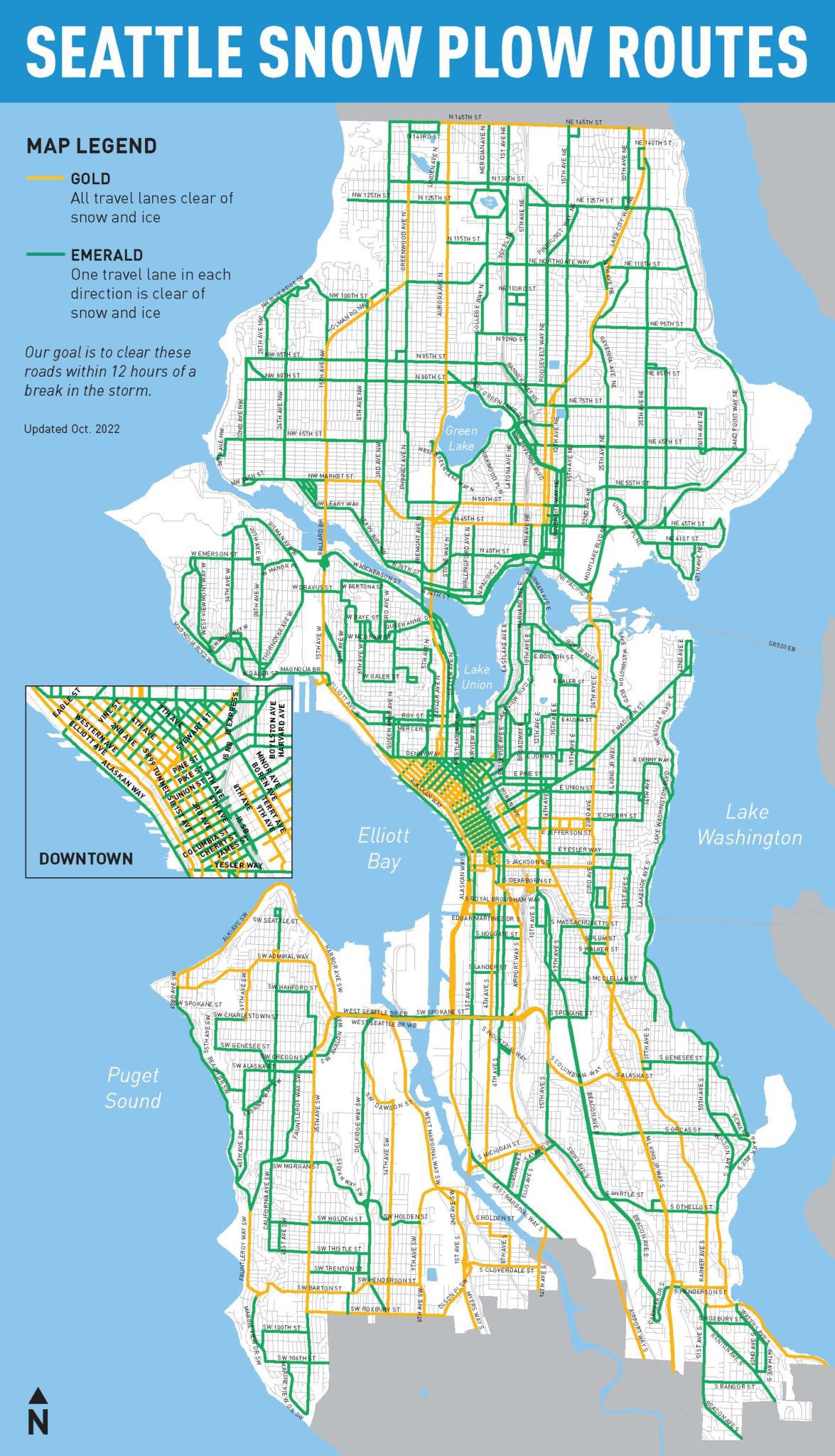 Seattle Snow Plow Routes Map. Gold routes show locations where we aim to clear all travel lanes of snow and ice. Emerald routes show where we aim to clear one travel lane in each direction of snow and ice.