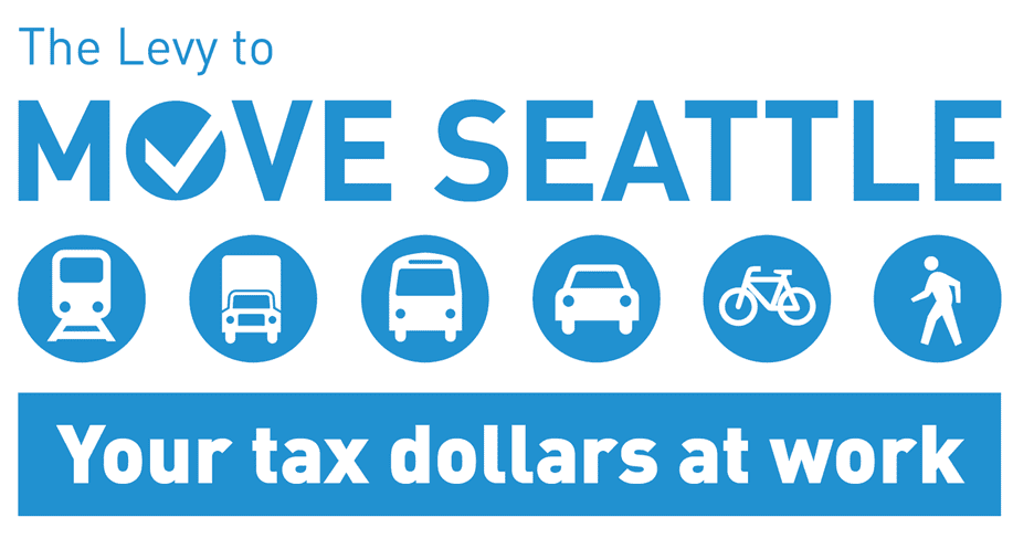 The Levy to Move Seattle logo. Large blue letters say "The Levy to Move Seattle. Your tax dollars at work." Icons show a train, truck, bus, car, bike, and pedestrian in small circles.