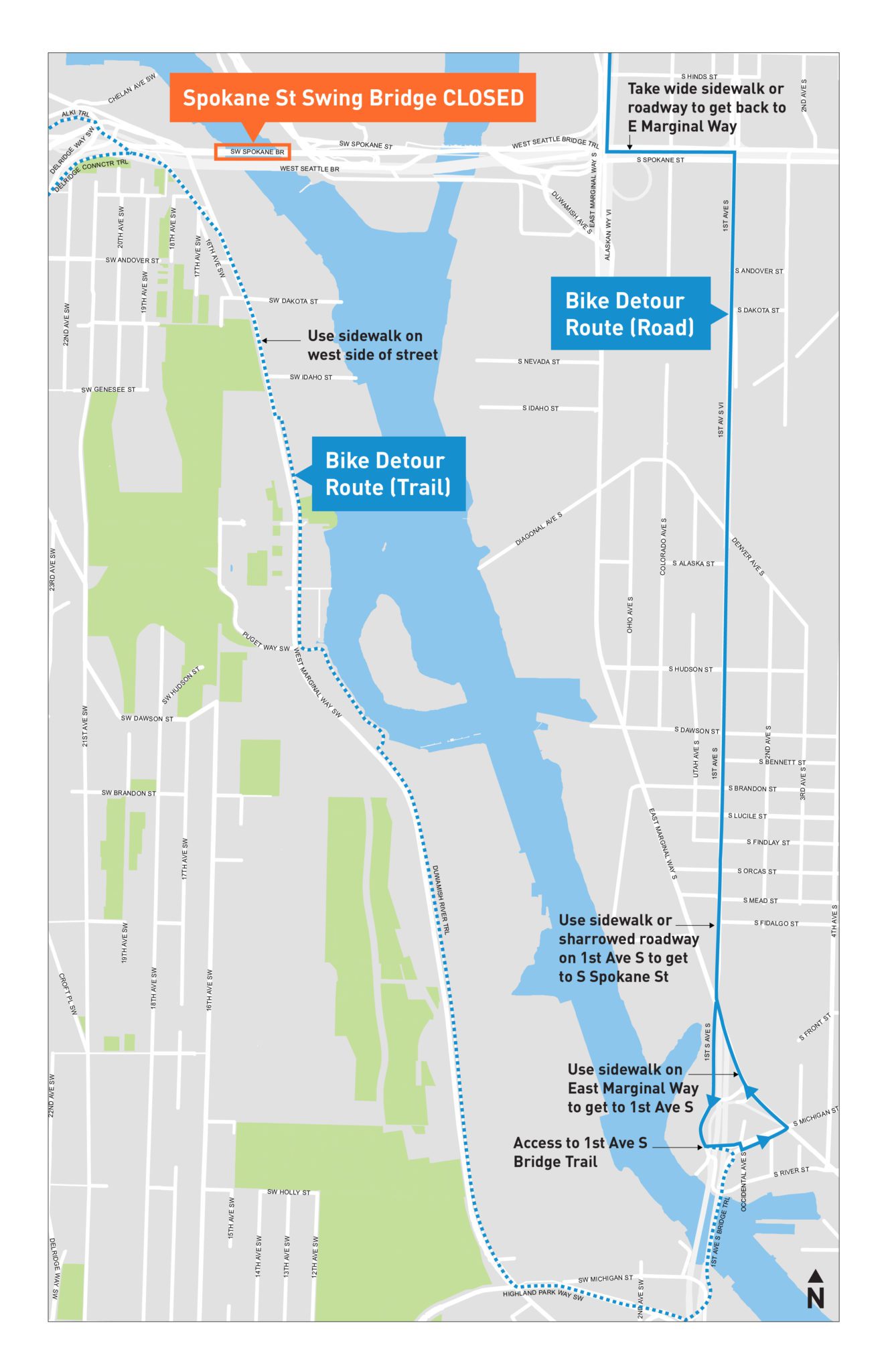The bike detour route during the Spokane St Swing Bridge closure. The route travels on the west side of the Duwamish Waterway and crosses over the 1st Ave S Bridge, then continues on the east side of the waterway.