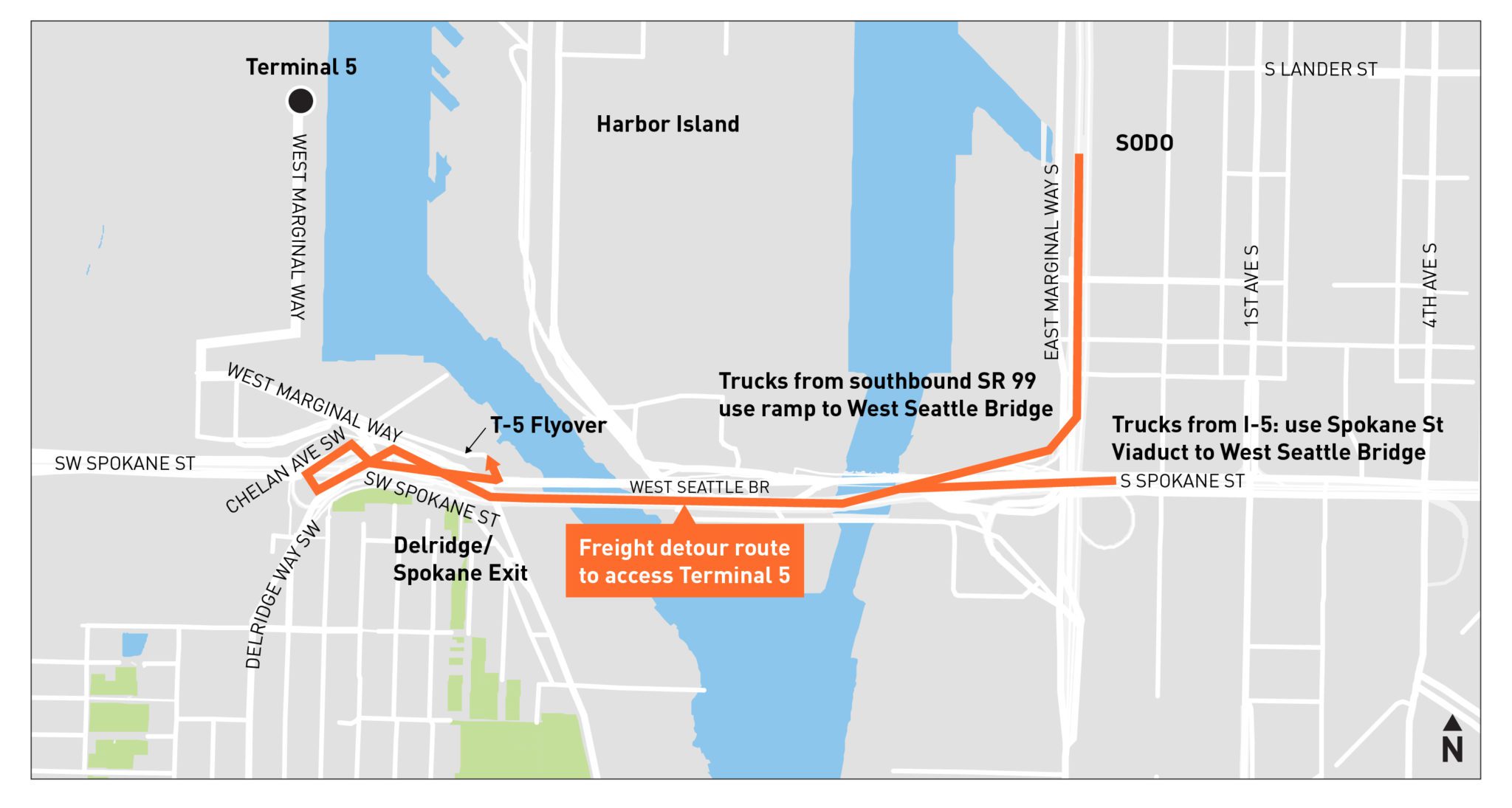 Map detailing freight detour routes to access Terminal 5. The route is shown in orange, for truck drivers arriving from I-5 or SR 99.