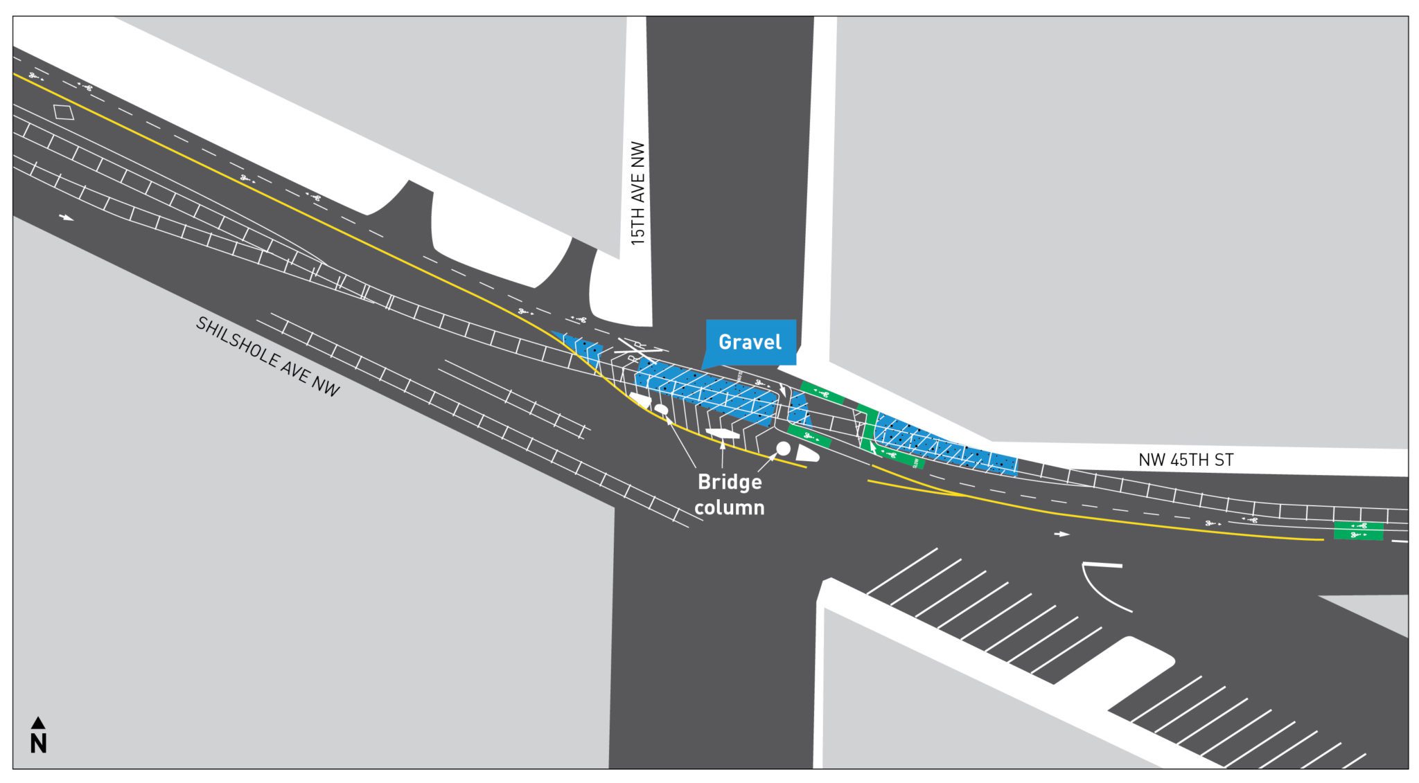 Diagram of planned changes showing areas where pavement will be replaced with gravel. 