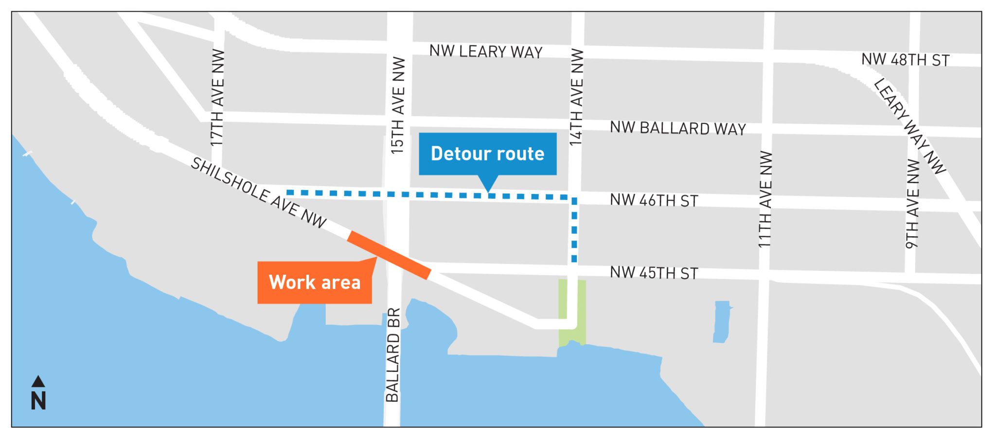 Detour map showing path to travel under Ballard Bridge using NW 46th St. 