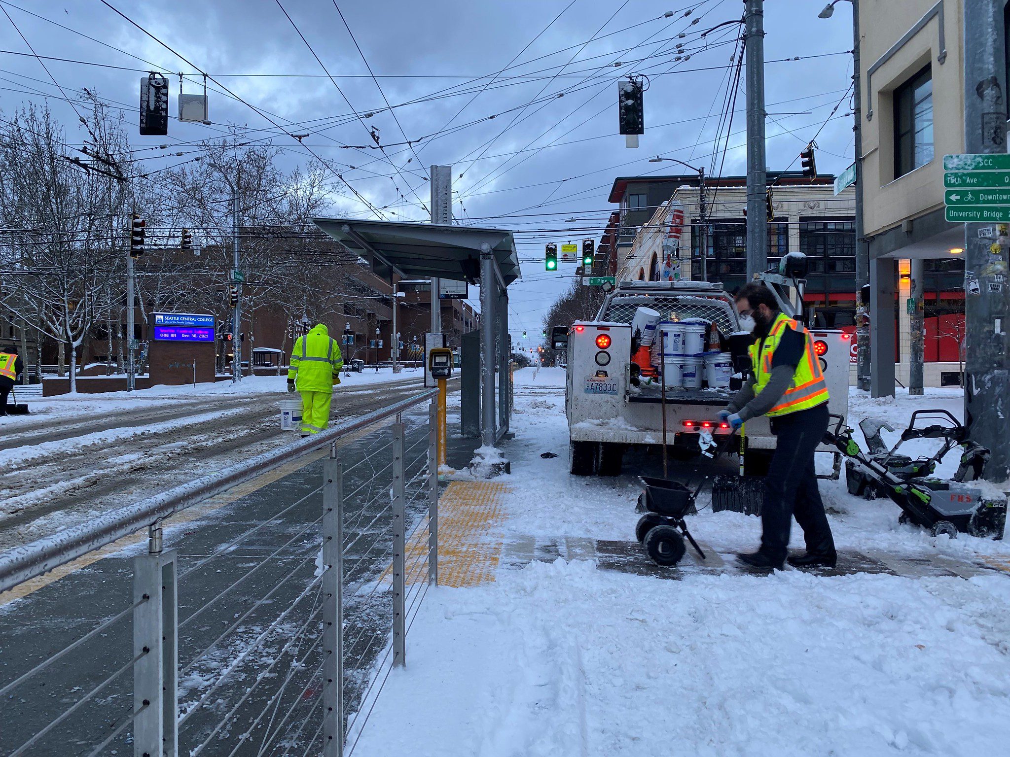 Clearing a path at a Seattle Streetcar stop, First Hill Line.