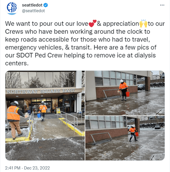 Screenshot of a Tweet from SDOT regarding work to apply salt at a kidney center. Workers wear orange vests and safety helmets.