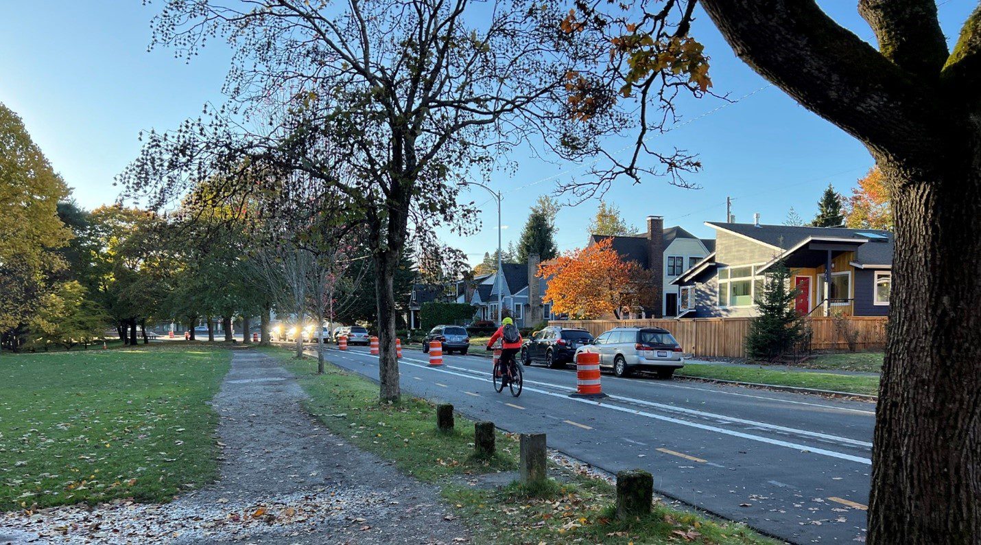 A bicyclist along the new outer loop path near Green Lake Park. Large trees and blue skies are in the background, as well as several homes and a grassy area near the sidewalk.