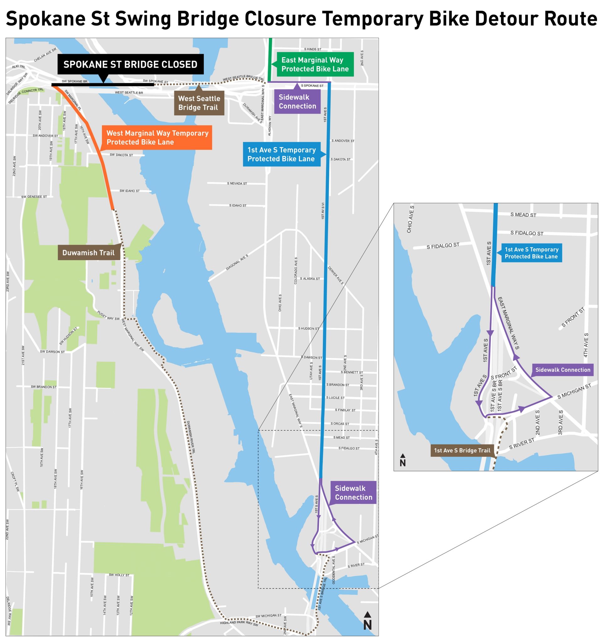 Map of the planned enhanced detour route, including new temporary protected bike lanes to be installed on West Marginal Way SW and 1st Ave S. The temporary detour route travels via the 1st Ave S Bridge to cross the Duwamish Waterway.